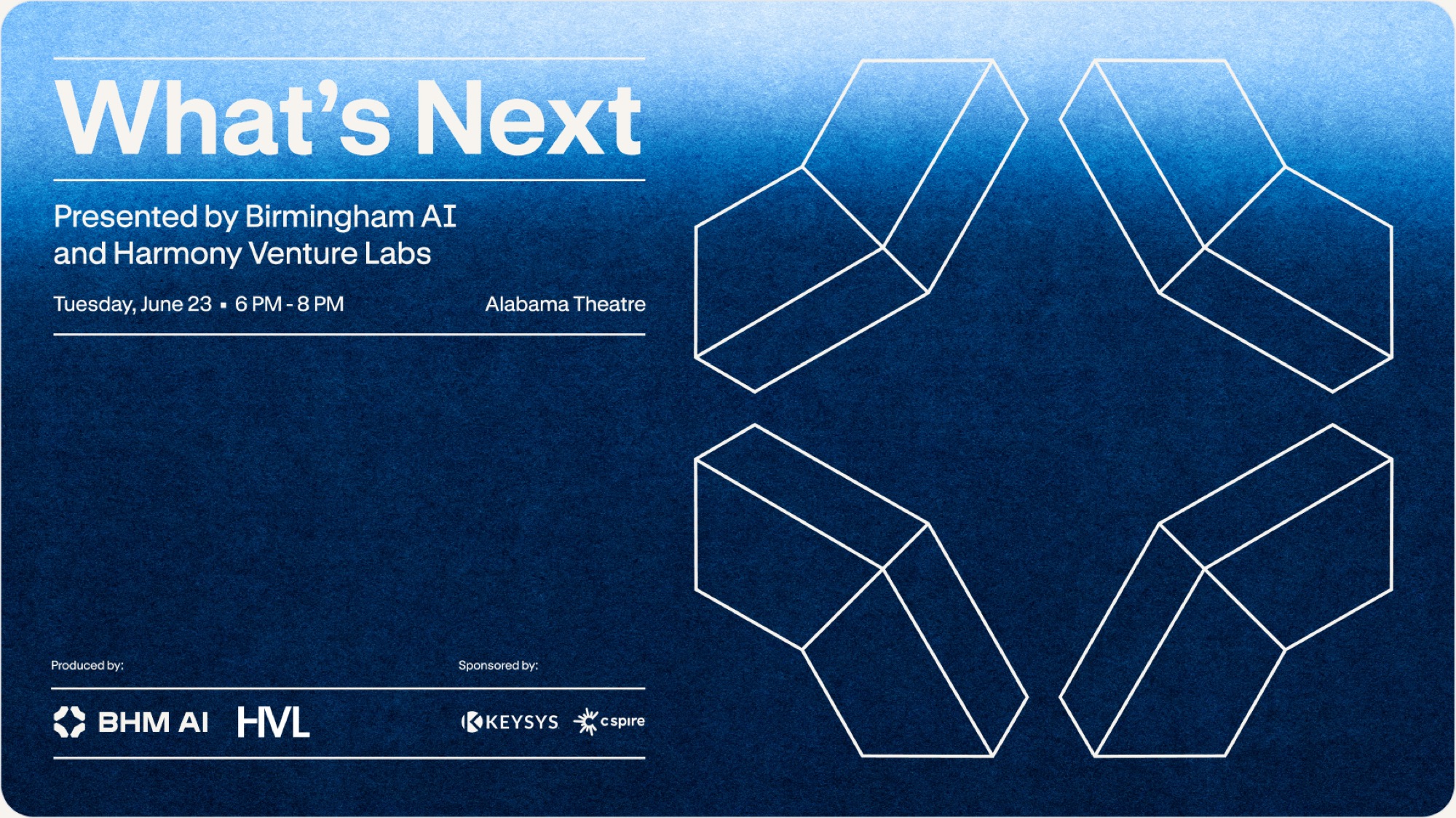 What's Next 16:9 event graphic on Navy, lines organizing title, presenters, date, and sponsors